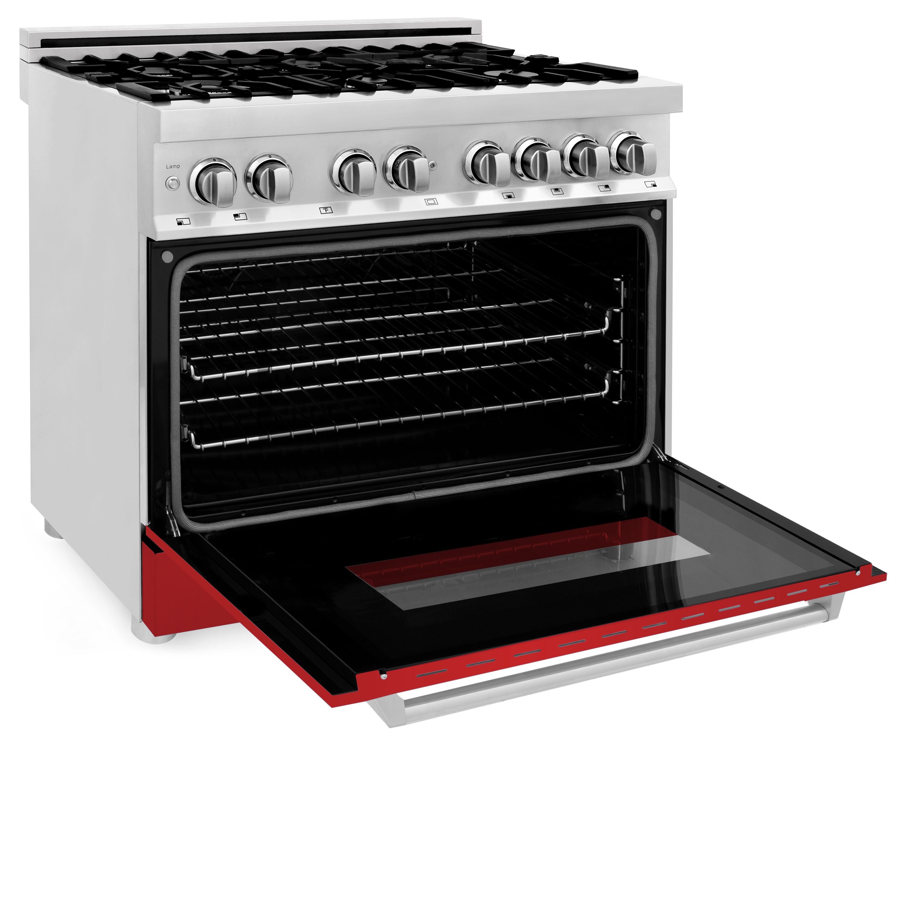 ZLINE 36 in. Dual Fuel Range with 6-Burner Gas Cooktop and Electric Convection Oven in Stainless Steel with Red Matte Door (RA-RM-36)
