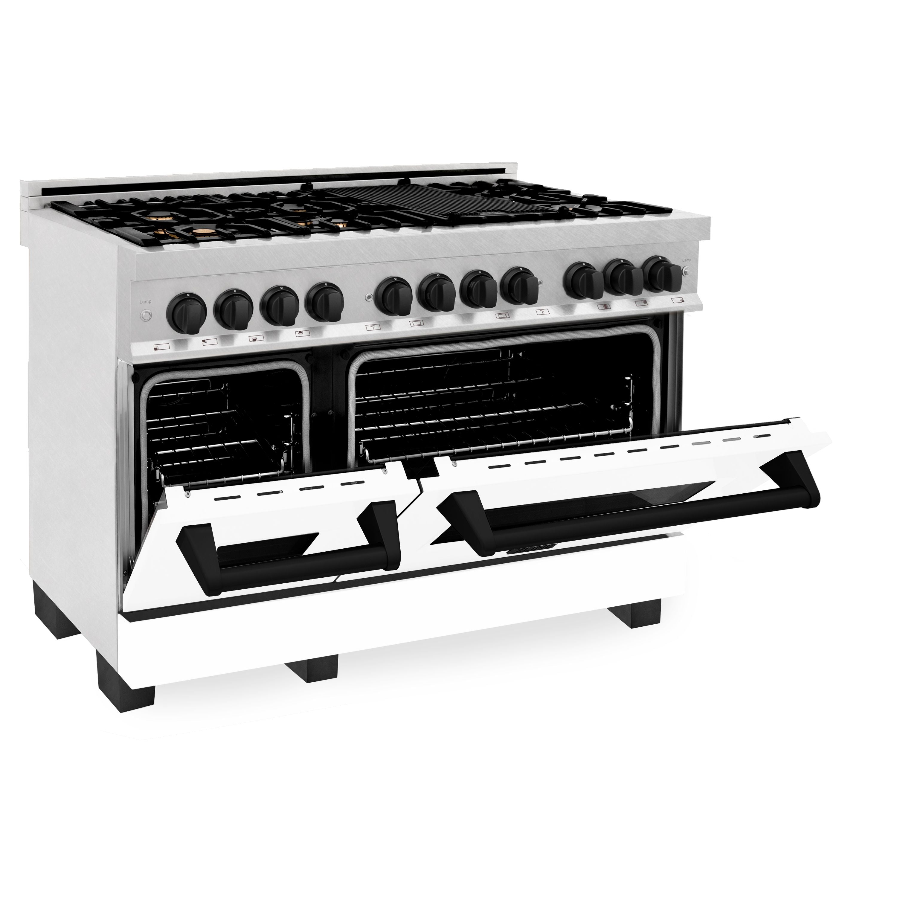 ZLINE Autograph 48 in. 6.0 cu. ft. Legacy Dual Fuel Range with 7 Gas Burners and Double Electric Ovens in Satin Stainless Steel with White Matte Doors and Matte Black Accents (RASZ-WM-48-MB)