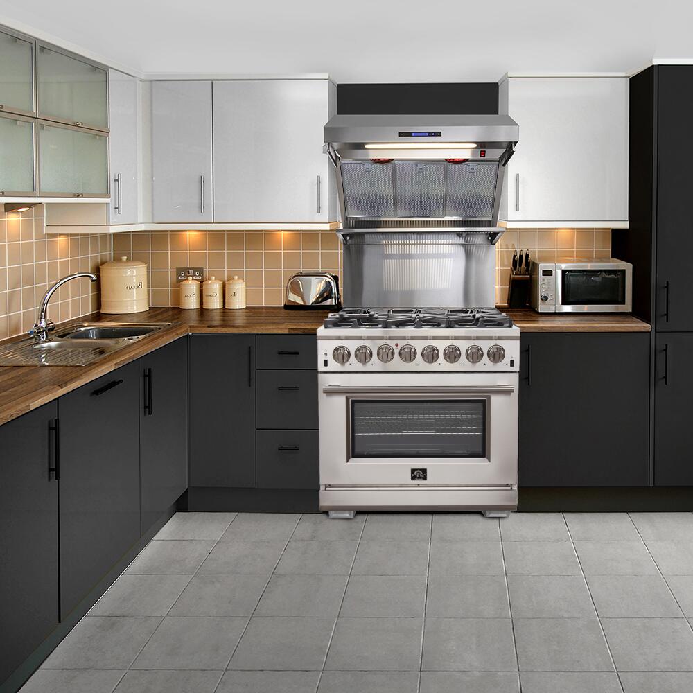 FORNO Package - 36 Inch Dual Fuel Range, Wall Mount Range Hood, Refrigerator, Microwave Drawer, Dishwasher, AP-FFSGS6156-36-8