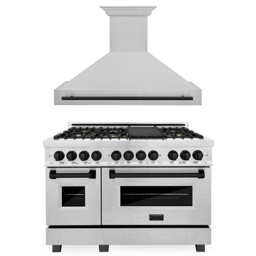 ZLINE Autograph Package - 48 In. Dual Fuel Range and Range Hood in Satin Stainless Steel with Matte Black Accents, 2AKPR-RASRH48-MB