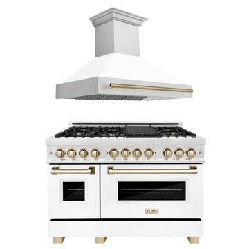 ZLINE Autograph Package - 48" Dual Fuel Range, Range Hood in Satin Stainless Steel, White Matte Finish, Gold Accents