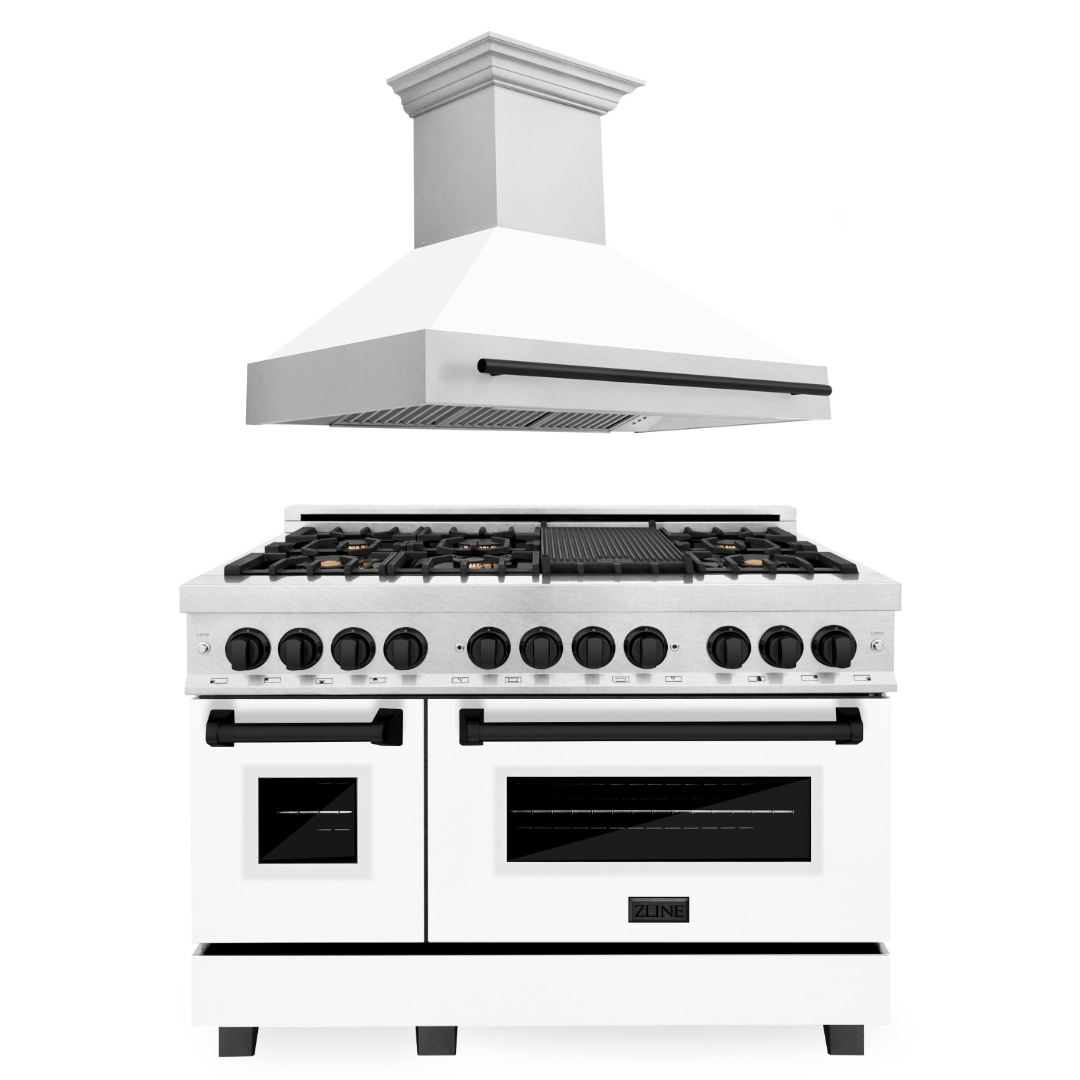 ZLINE Autograph Package - 48" Dual Fuel Range, Range Hood in Satin Stainless Steel Stainless with White Matte Door, Matte Black Accents