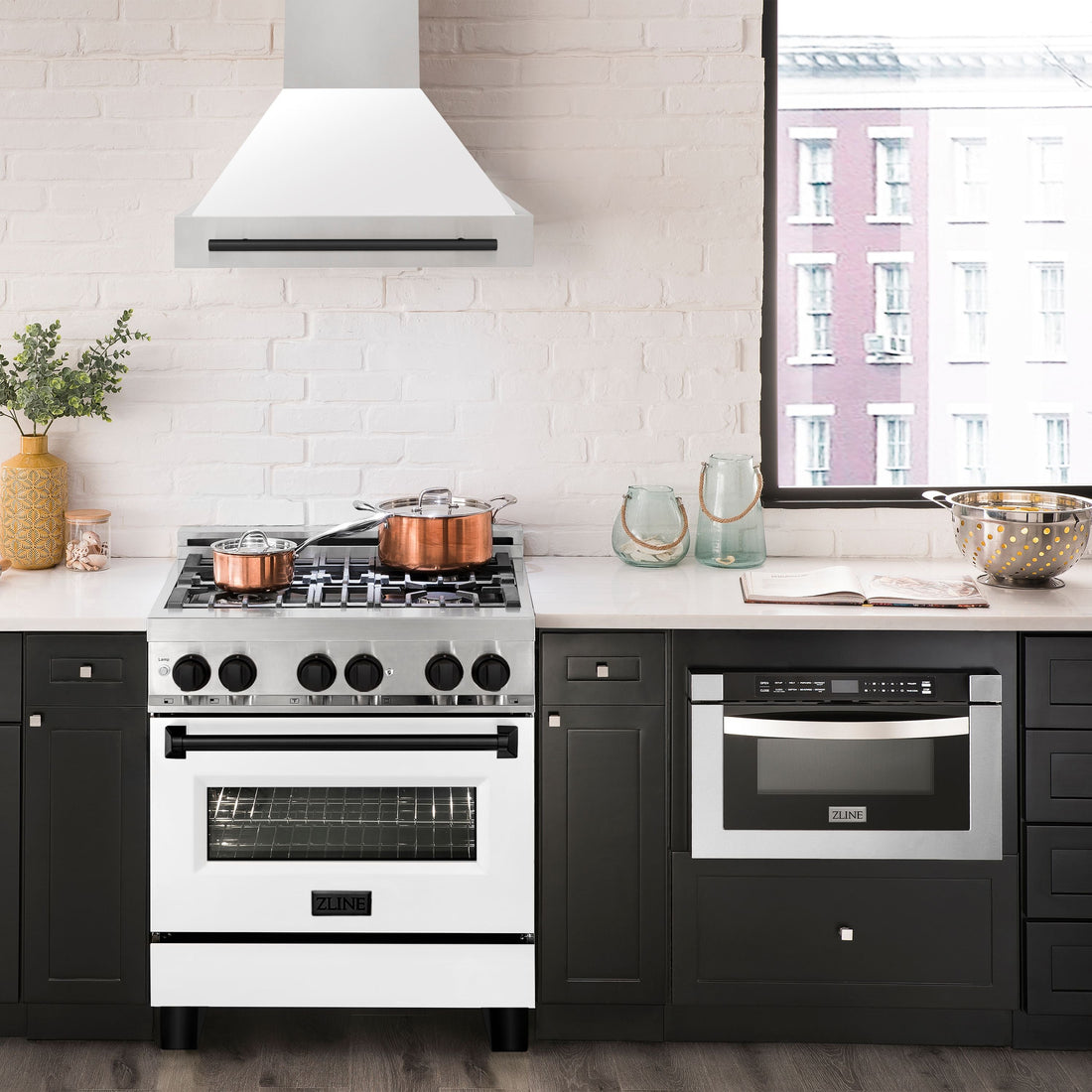 ZLINE 30 in. Wall Mount Range Hood Stainless Steel White Matte Shell Matte Black Handle (8654STZ-WM30-MB)