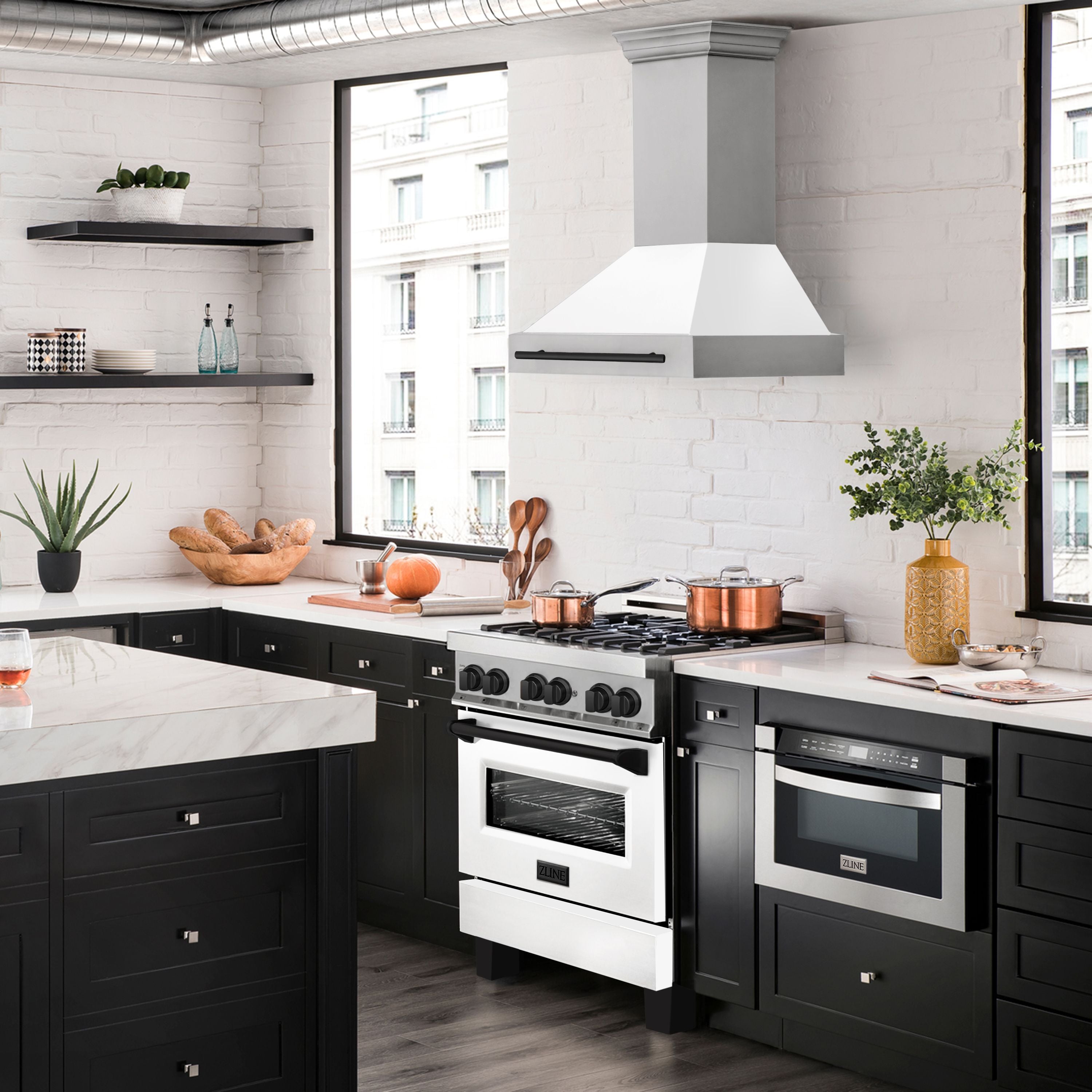 ZLINE 30 in. Wall Mount Range Hood Stainless Steel White Matte Shell Matte Black Handle (8654STZ-WM30-MB)