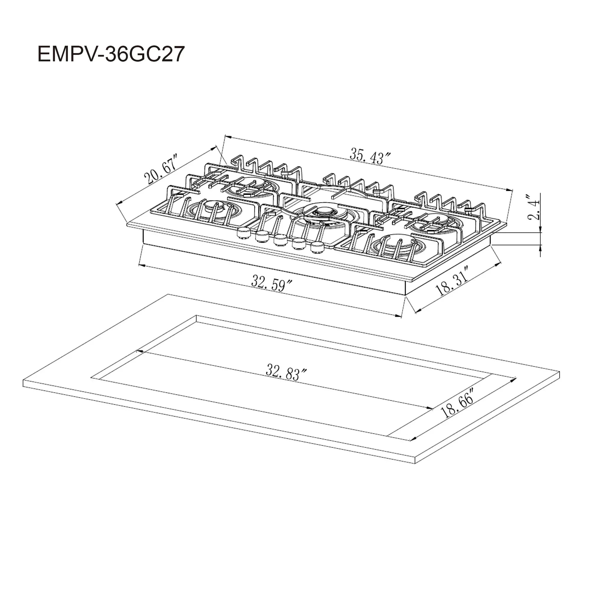 Empava 36-Inch Built-In Natural Gas Cooktops in Black (EMPV-36GC27)