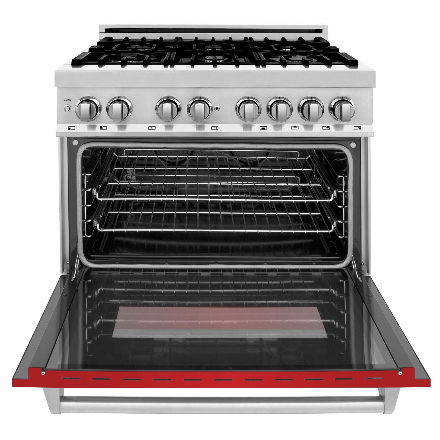 ZLINE 36 in. Dual Fuel Range with 6-Burner Gas Cooktop and Electric Convection Oven in Stainless Steel with Red Matte Door (RA-RM-36)