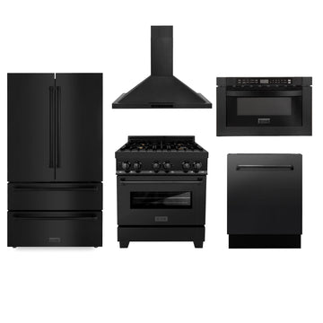 ZLINE Appliance Package - 30" Dual Fuel Range, Range Hood, Microwave, Dishwasher, Refrigerator in Black Stainless