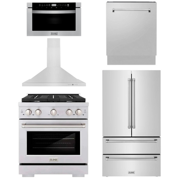 ZLINE Appliance Package - 30" Gas Range, Range Hood, 36" Refrigerator with Ice Maker, 24" Microwave Drawer and Dishwasher in Stainless Steel