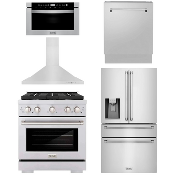 ZLINE Appliance Package - 30" Gas Range, Range Hood, 36" Refrigerator with Water/Ice Dispenser, 24" Microwave Drawer and Dishwasher in Stainless Steel