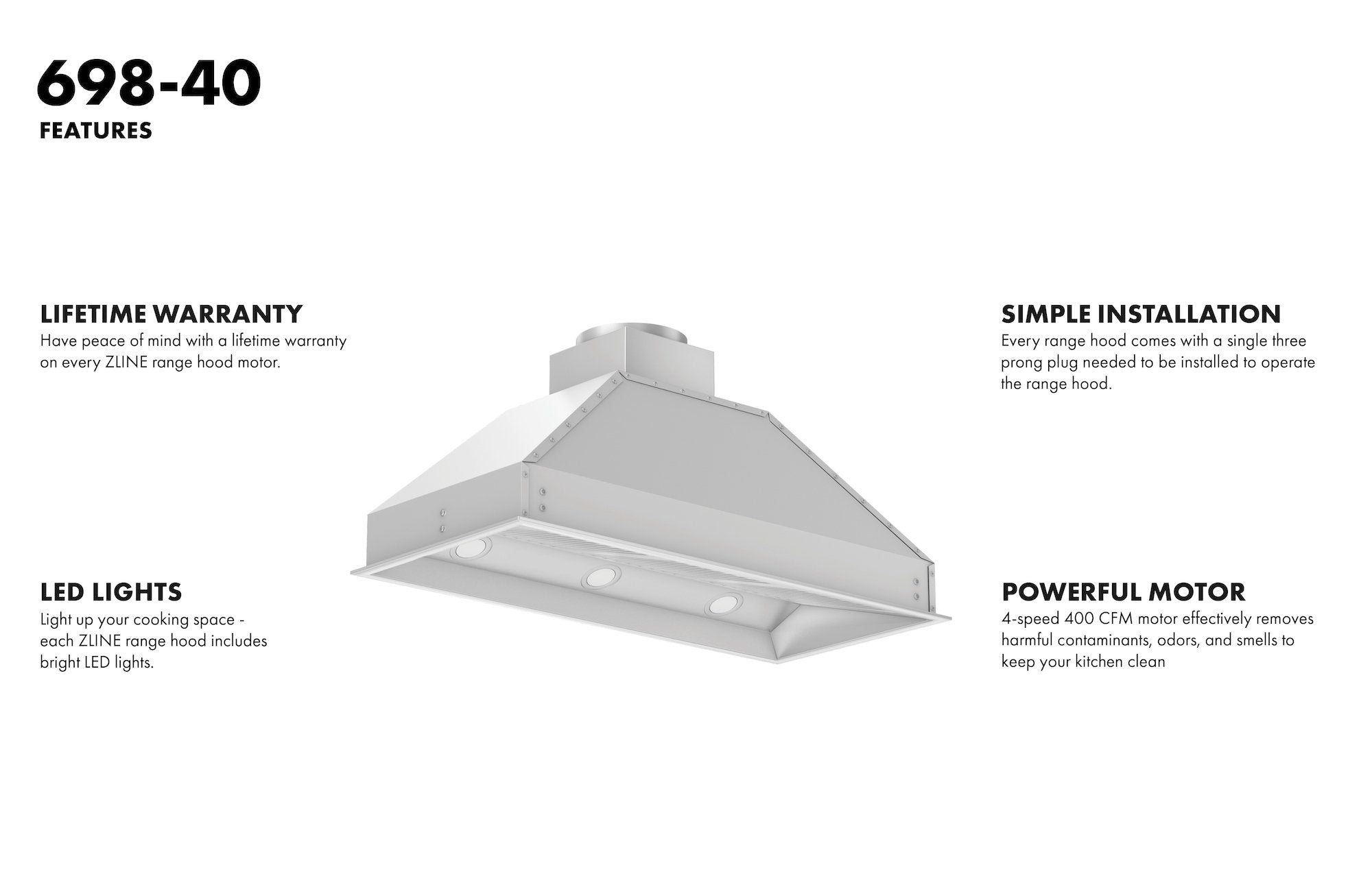 ZLINE 40 in. Outdoor Range Hood Insert, 18 in. Depth, 700 CFM, Stainless Steel (698-304-40)