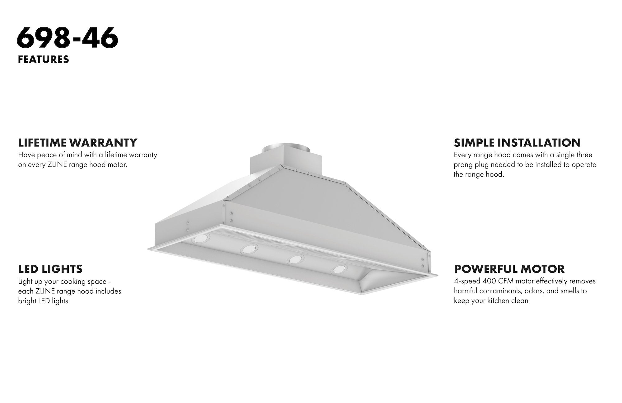 ZLINE 46 in. Range Hood Insert Outdoor 18 in. Depth Stainless Steel 304 Grade (698-304-46)