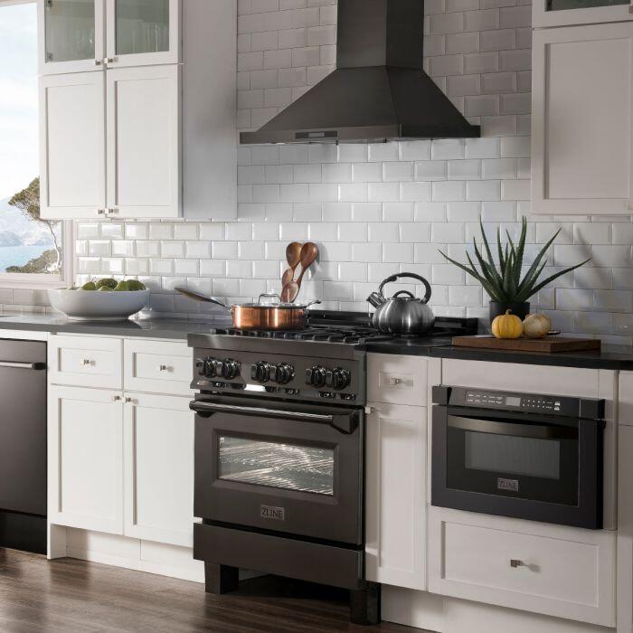 ZLINE 30" Dual Fuel Professional Range with Gas Burners & Electric Convection Oven, Black Stainless Steel with Brass Burners (RAB-BR-30)