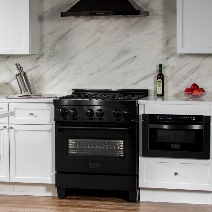 ZLINE 30" Dual Fuel Professional Range with Gas Burners & Electric Convection Oven, Black Stainless Steel with Brass Burners (RAB-BR-30)