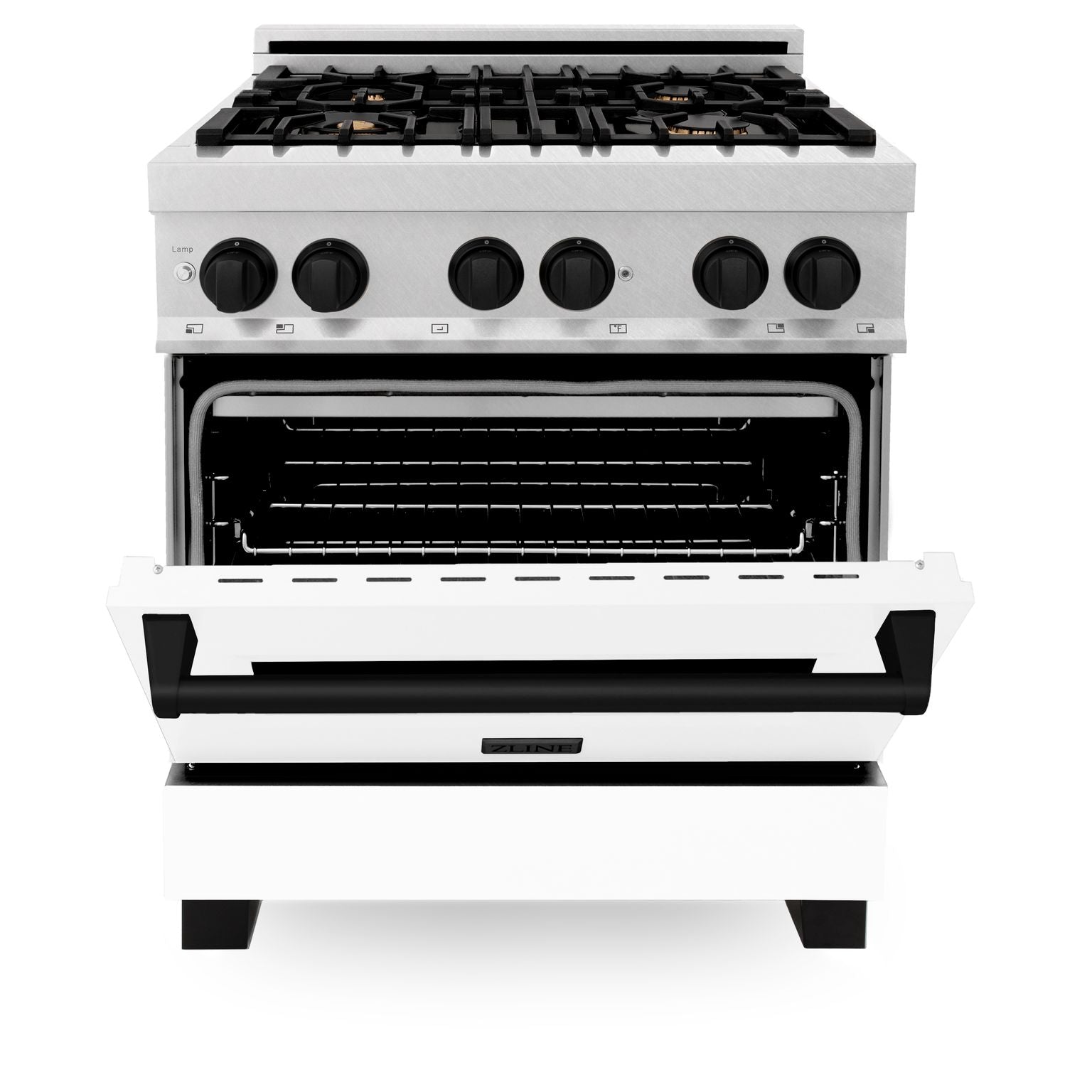ZLINE Autograph Edition 30 in. 4.0 cu. ft. Legacy Dual Fuel Range with 4-Burner Gas Cooktop and Electric Convection Oven in Satin Stainless Steel with White Matte Door and Matte Black Accents (RASZ-WM-30-MB)