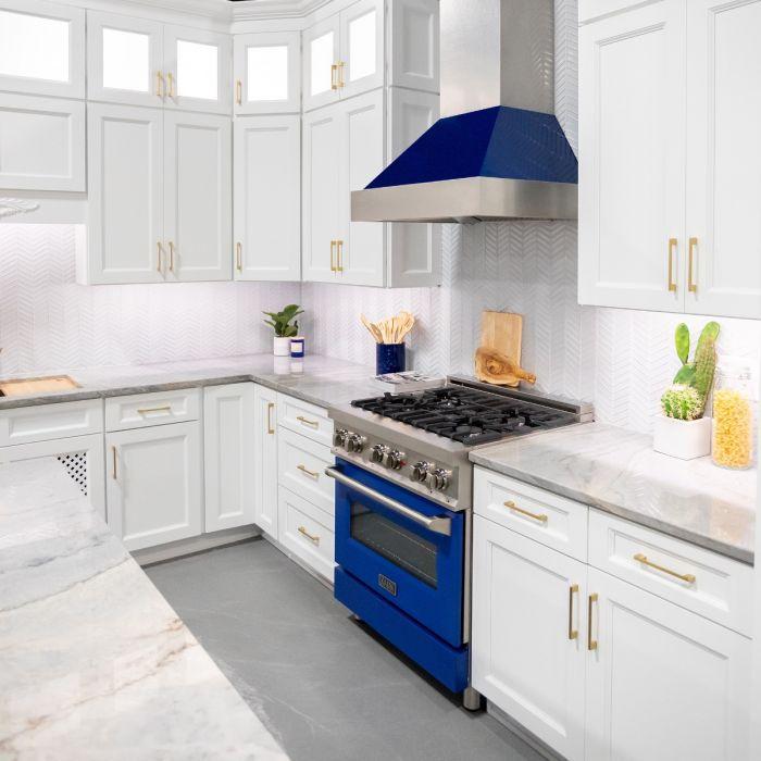 ZLINE 30 in Wall Mount Range Hood Ducted Satin Stainless Steel Blue Gloss Shell 8654BG-30