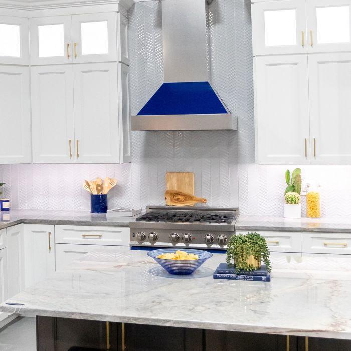 ZLINE 30 in Wall Mount Range Hood Ducted Satin Stainless Steel Blue Gloss Shell 8654BG-30