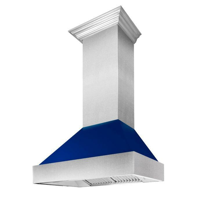 ZLINE 36 in. Wall Mount Range Hood – Satin Stainless Steel with Blue Gloss Shell, 700 CFM, 8654BG-36