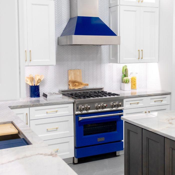 ZLINE 36 in. Wall Mount Range Hood – Satin Stainless Steel with Blue Gloss Shell, 700 CFM, 8654BG-36