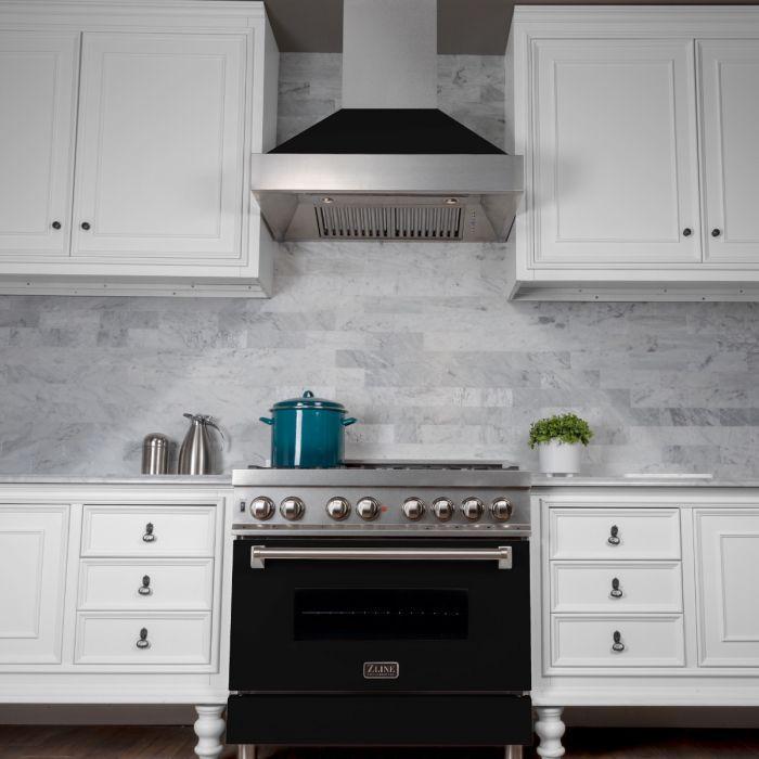 ZLINE 30 in. Wall Mount Range Hood Ducted Satin Stainless Steel Black Matte Shell 700 CFM (8654BLM-30)