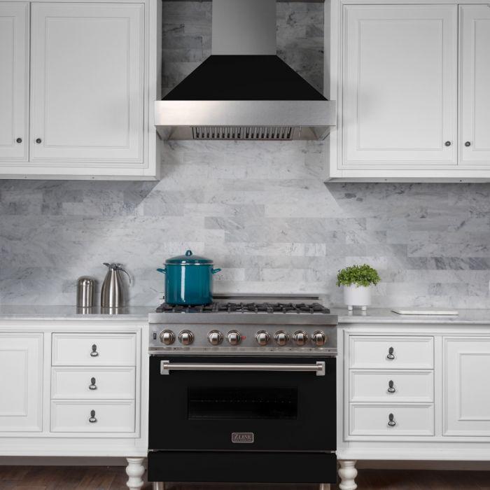 ZLINE 30 in. Wall Mount Range Hood Ducted Satin Stainless Steel Black Matte Shell 700 CFM (8654BLM-30)