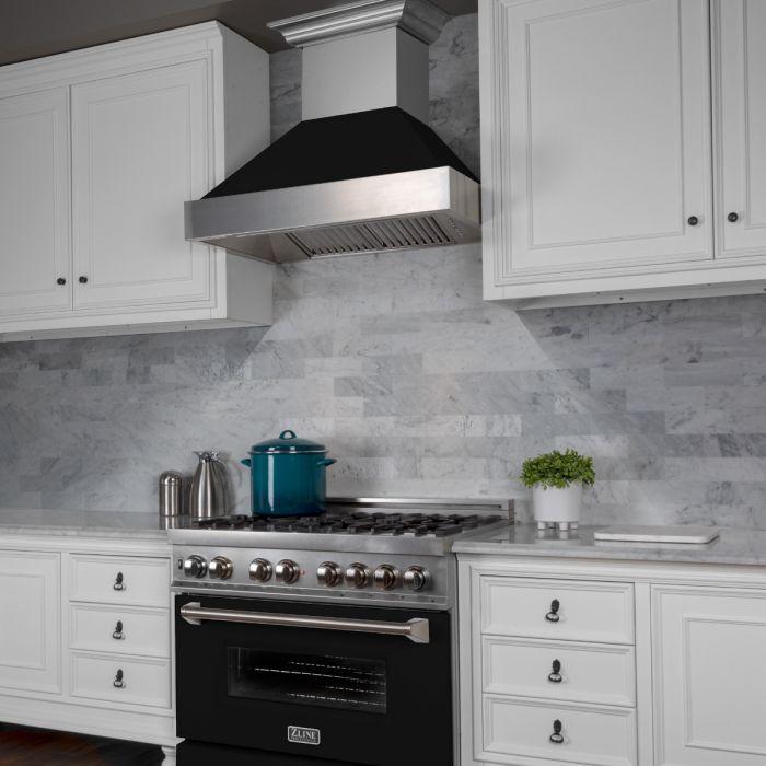 ZLINE 36 in. Wall Mount Range Hood Ducted Satin Stainless Steel Black Matte Shell 8654BLM-36
