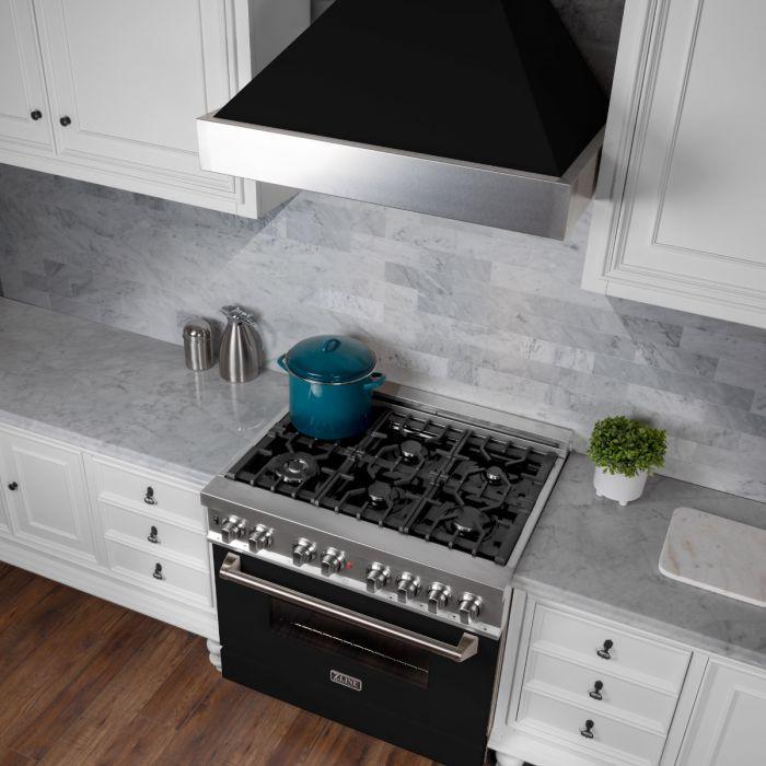 ZLINE 36 in. Wall Mount Range Hood Ducted Satin Stainless Steel Black Matte Shell 8654BLM-36
