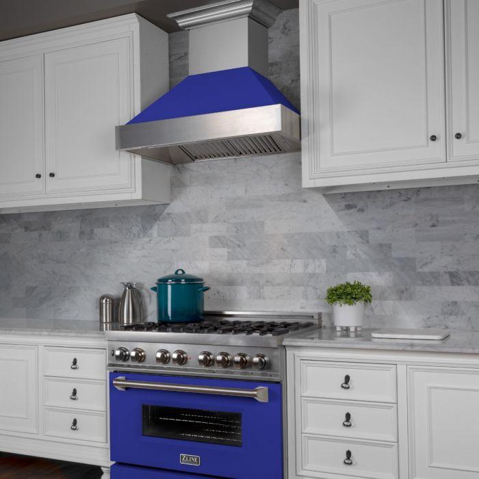 ZLINE 30 in. Wall Mount Range Hood – Satin Stainless Steel & Blue Matte Finish, Ducted, 400 CFM (8654BM-30)