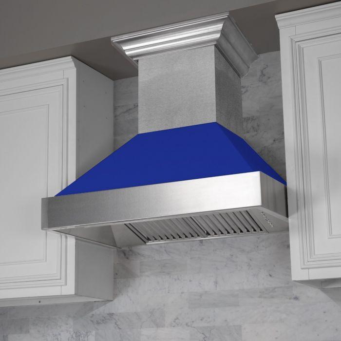ZLINE 30 in. Wall Mount Range Hood – Satin Stainless Steel & Blue Matte Finish, Ducted, 400 CFM (8654BM-30)