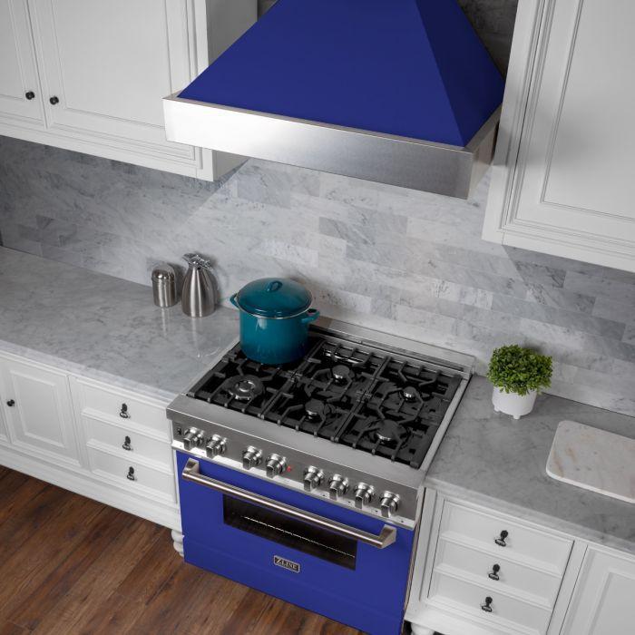 ZLINE 36 in. Wall Mount Range Hood Ducted Satin Stainless Steel with Blue Matte Shell (8654BM-36)