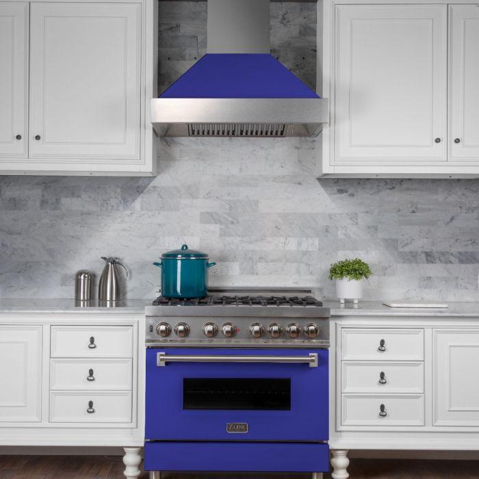 ZLINE 36 in. Wall Mount Range Hood Ducted Satin Stainless Steel with Blue Matte Shell (8654BM-36)