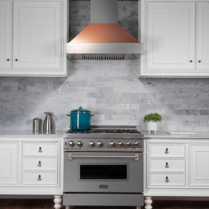 ZLINE 30 in. Wall Mount Range Hood – Satin Stainless Steel, Copper Shell, Ducted, 8654C-30