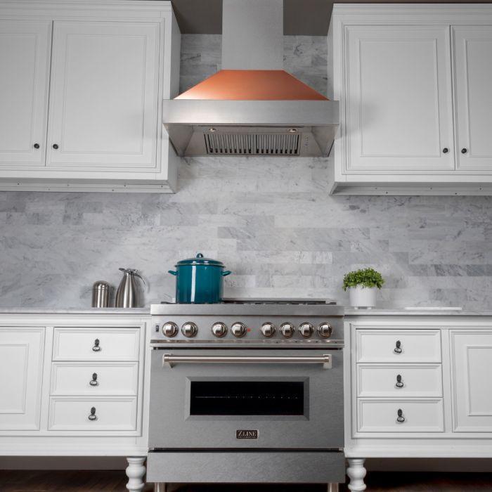 ZLINE 36 in. Wall Mount Range Hood Ducted Satin Stainless Steel Copper Shell 400 CFM (8654C-36)