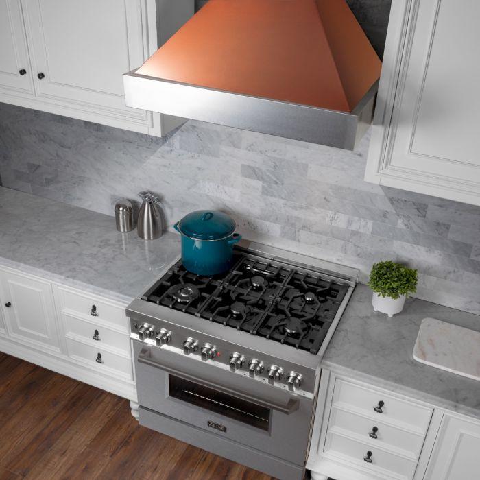 ZLINE 36 in. Wall Mount Range Hood Ducted Satin Stainless Steel Copper Shell 400 CFM (8654C-36)