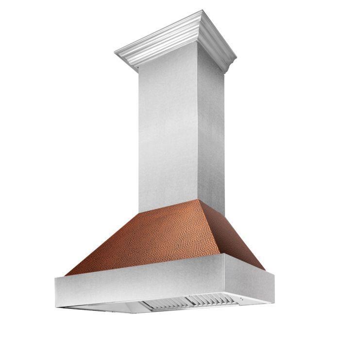 ZLINE 30 in. Wall Mount Range Hood, Satin Stainless Steel, Hand-Hammered Copper Shell, Ducted Vent, 400 CFM (8654HH-30)