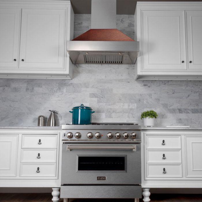 ZLINE 30 in. Wall Mount Range Hood, Satin Stainless Steel, Hand-Hammered Copper Shell, Ducted Vent, 400 CFM (8654HH-30)