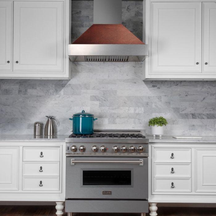 ZLINE 30 in. Wall Mount Range Hood, Satin Stainless Steel, Hand-Hammered Copper Shell, Ducted Vent, 400 CFM (8654HH-30)