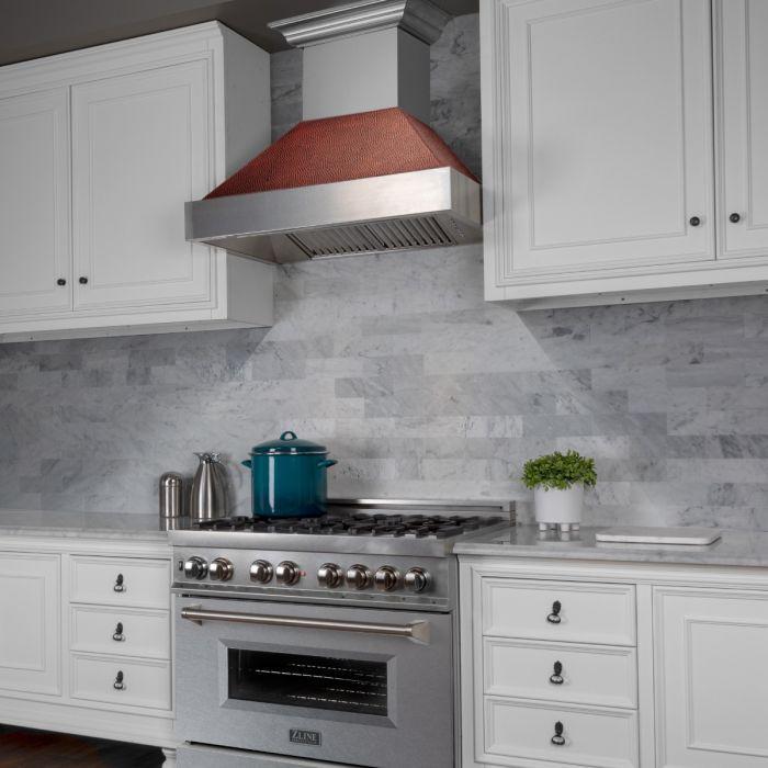 ZLINE 36 Inch Wall Mount Range Hood Ducted Satin Stainless Steel with Hand-Hammered Copper Shell 700 CFM (8654HH-36)