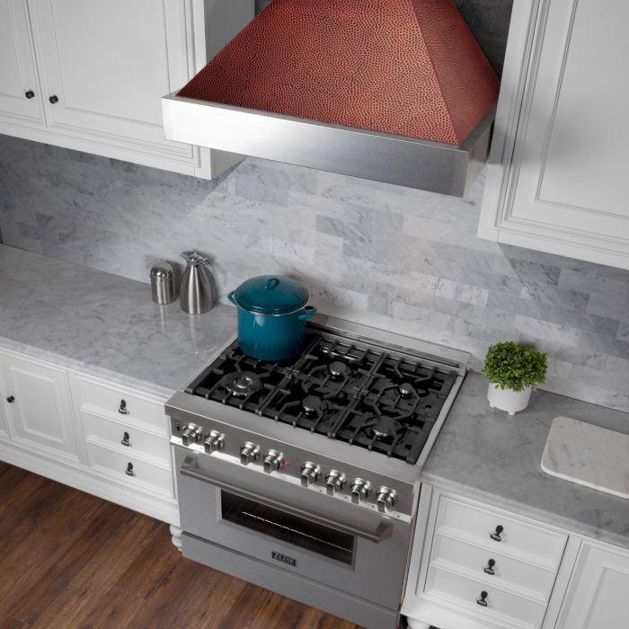 ZLINE 36 Inch Wall Mount Range Hood Ducted Satin Stainless Steel with Hand-Hammered Copper Shell 700 CFM (8654HH-36)
