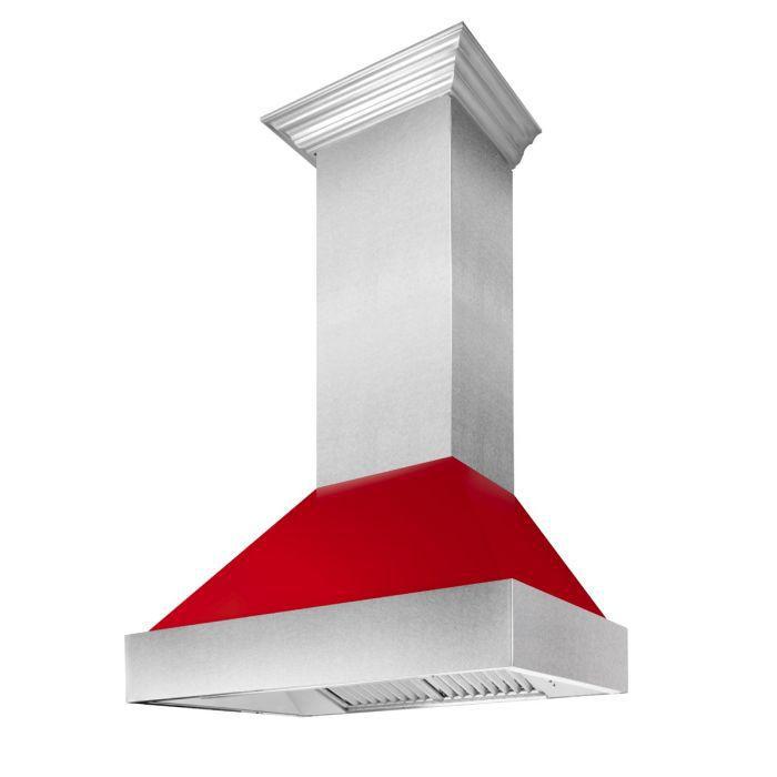 ZLINE 36 in. Wall Mount Range Hood – Ducted, Satin Stainless Steel with Red Gloss Shell, 400 CFM (8654RG-36)