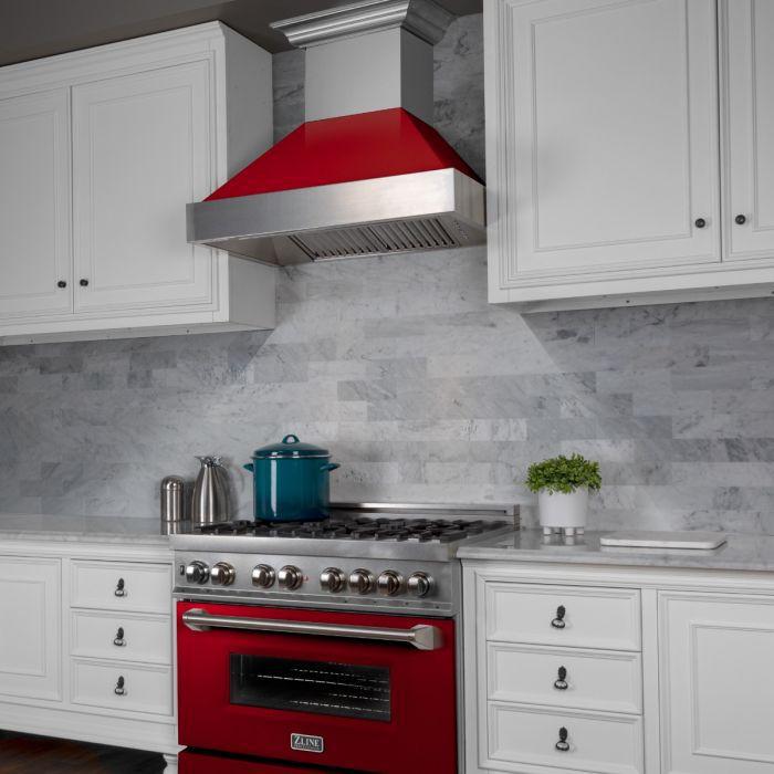 ZLINE 36 in. Wall Mount Range Hood – Ducted, Satin Stainless Steel with Red Gloss Shell, 400 CFM (8654RG-36)