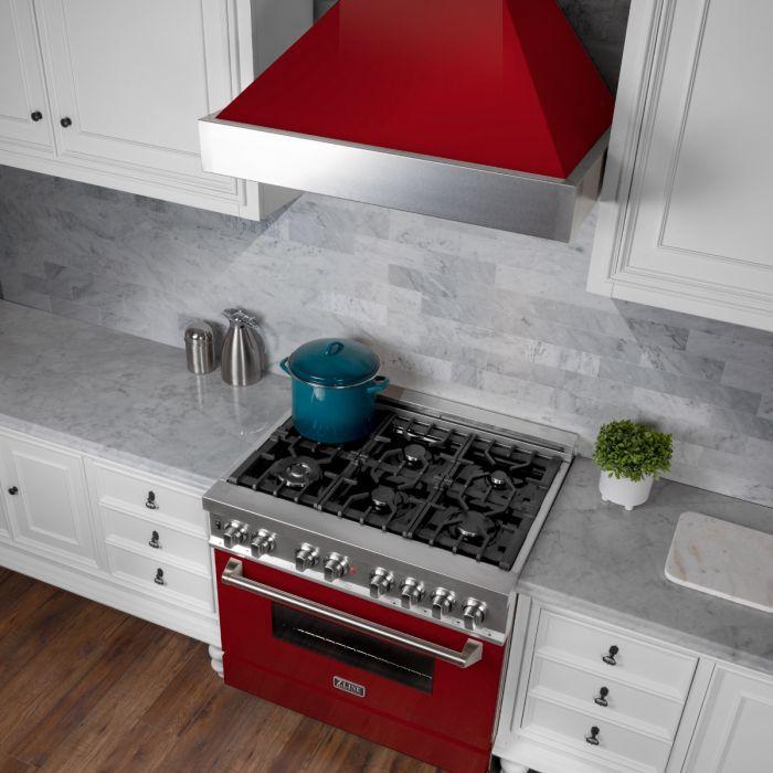 ZLINE 36 in. Wall Mount Range Hood – Ducted, Satin Stainless Steel with Red Gloss Shell, 400 CFM (8654RG-36)