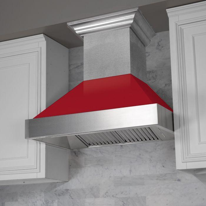 ZLINE 36 in. Wall Mount Range Hood – Ducted, Satin Stainless Steel with Red Gloss Shell, 400 CFM (8654RG-36)