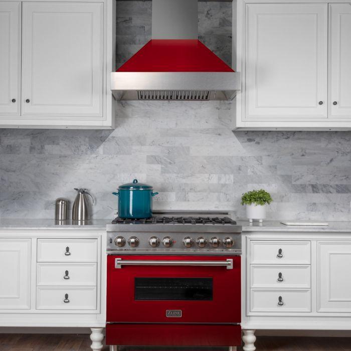 ZLINE 36 in. Wall Mount Range Hood – Ducted, Satin Stainless Steel with Red Gloss Shell, 400 CFM (8654RG-36)
