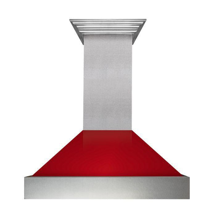 ZLINE 48" Wall Mount Range Hood Ducted Satin Stainless Steel Red Gloss Shell 400 CFM (8654RG-48)