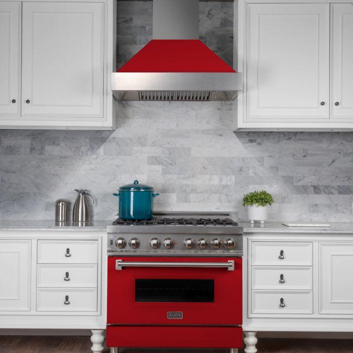 ZLINE 30 in. Wall Mount Range Hood Satin Stainless Steel Red Matte Shell Ducted 8654RM-30