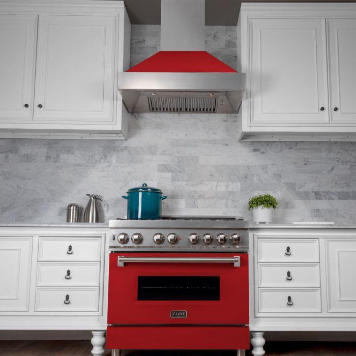 ZLINE 30 in. Wall Mount Range Hood Satin Stainless Steel Red Matte Shell Ducted 8654RM-30