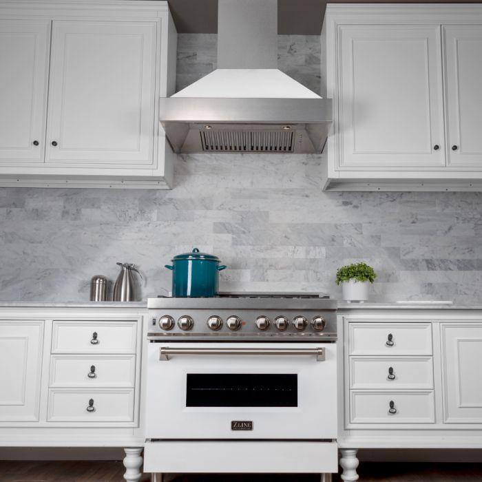 ZLINE 30 in. Wall Mount Range Hood Ducted Satin Stainless Steel White Matte Shell (8654WM-30)