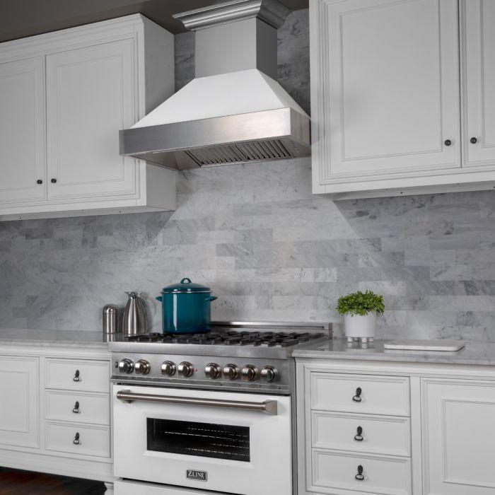 ZLINE 36 in. Wall Mount Range Hood Ducted Satin Stainless Steel White Matte Shell 8654WM-36