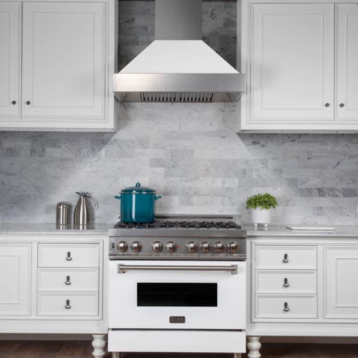 ZLINE 36 in. Wall Mount Range Hood Ducted Satin Stainless Steel White Matte Shell 8654WM-36