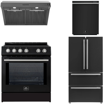 FORNO Espresso Package - 30" Induction Range, Range Hood, 36" Refrigerator with Ice Maker and Dishwasher in Black with Stainless Steel Handles